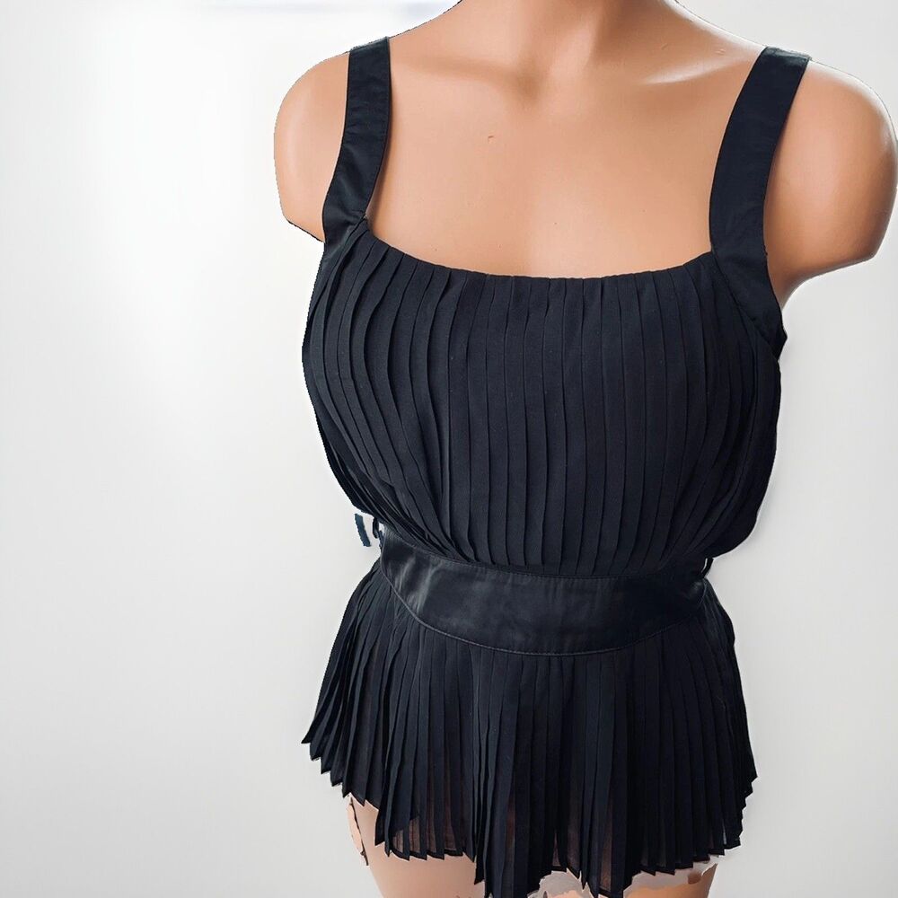 MarineBlu Black Pleated Top Blouse Size S Smocked Stretch Back